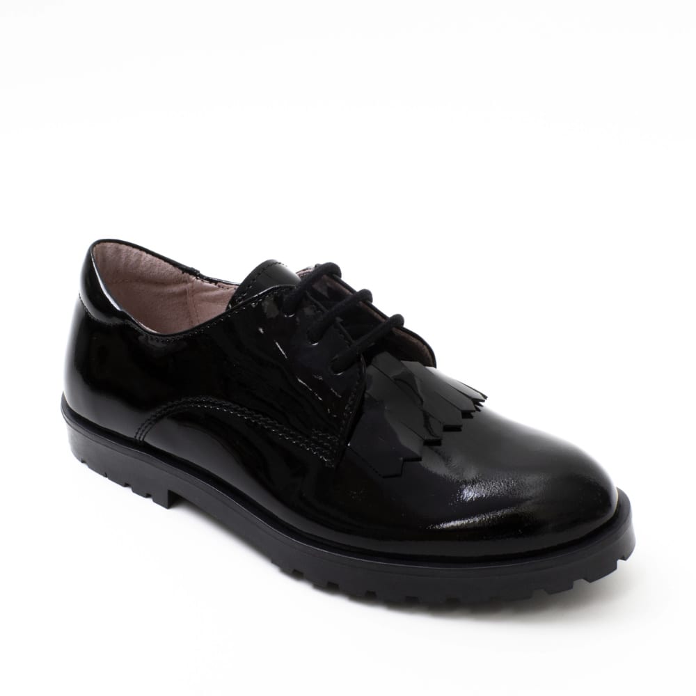 A girls school shoe by Petasil, style Tracey, in black patent with lace up fastening. Right side view.