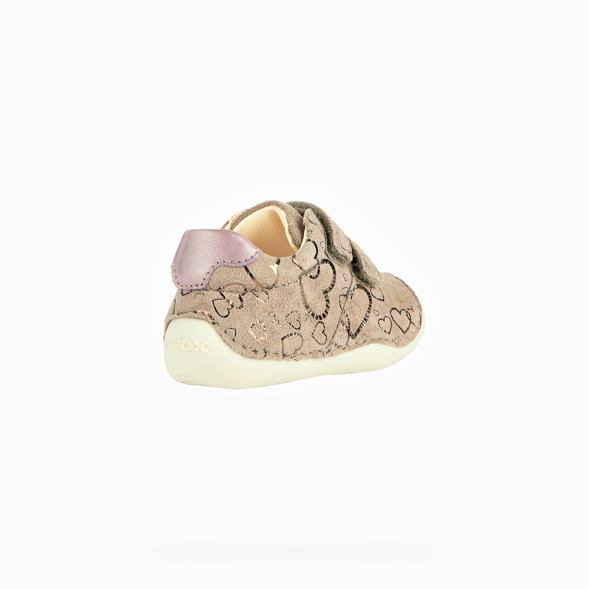 A girls Pre-walker by Geox, Style B Tutim Girl, VElcro fastening, in pink suede with metallic heart print. Back angled view.