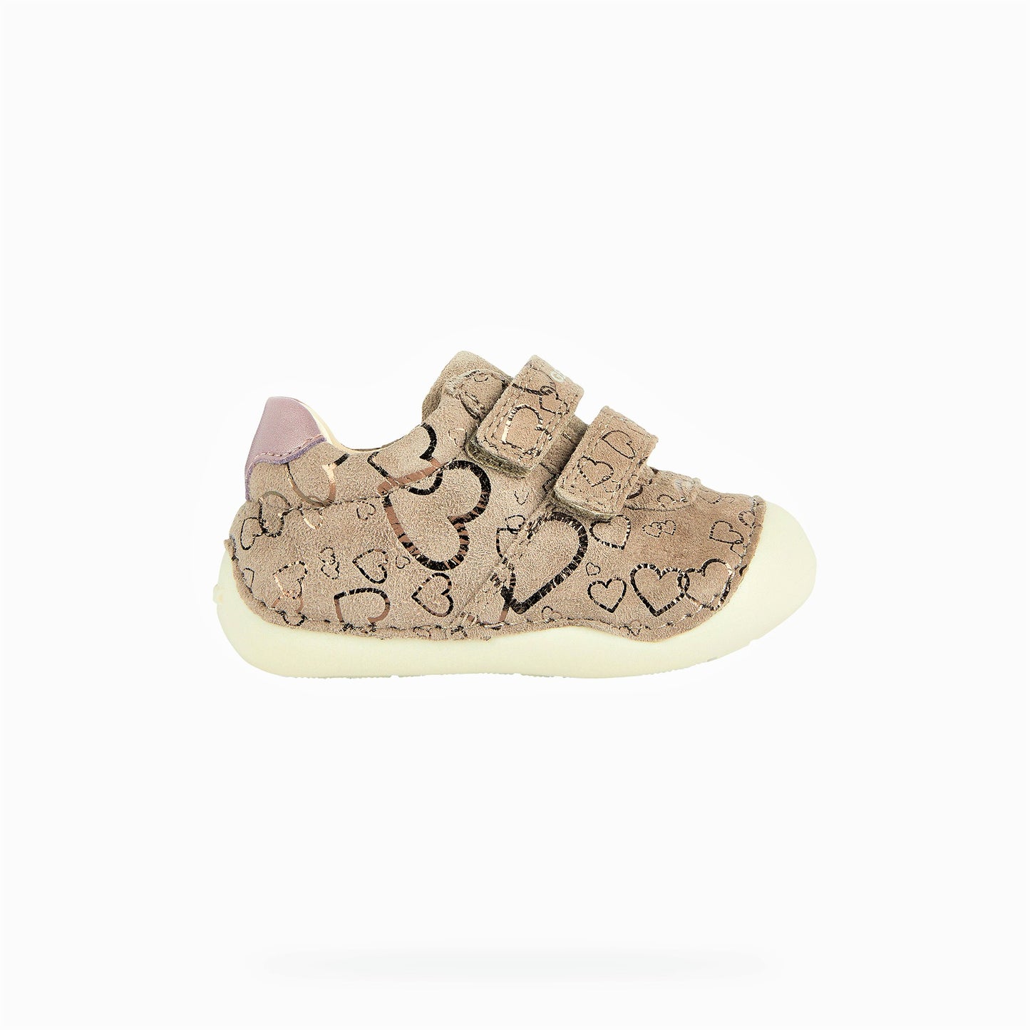 A girls Pre-walker by Geox, style B Tutim Girl, velcro fastening, in pink suede with metallic heart print. Right side view.