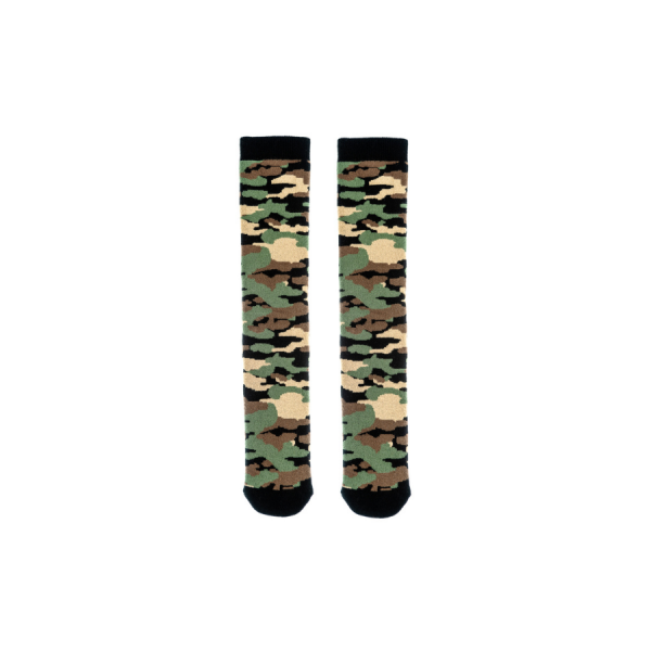 A pair of junior socks by Squelch, style Camo, in green multi. Front view.