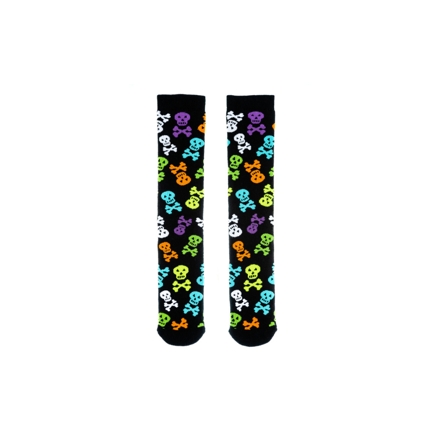 A pair of junior socks by Squelch, style Skulls, in black multi. Front view.