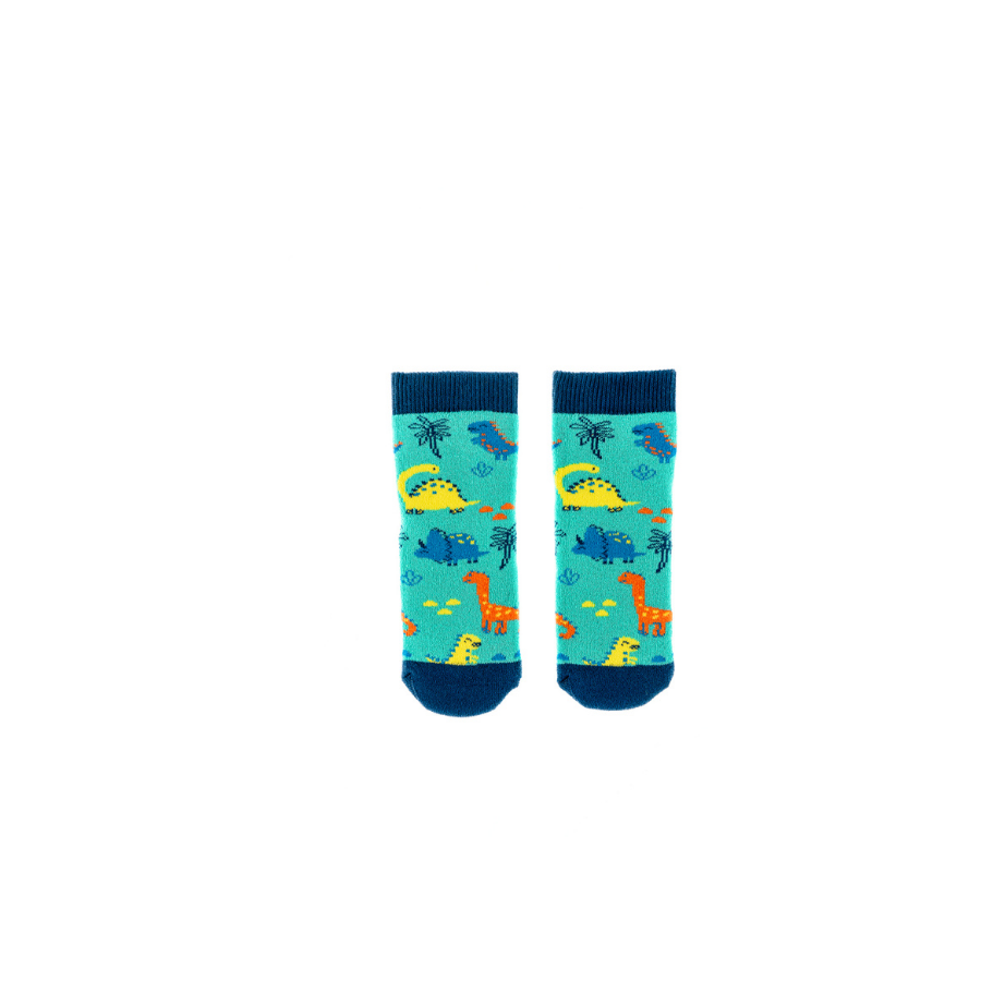 A pair of tots socks by Squelch, style Cute Dinos, in teal multi. Front view.