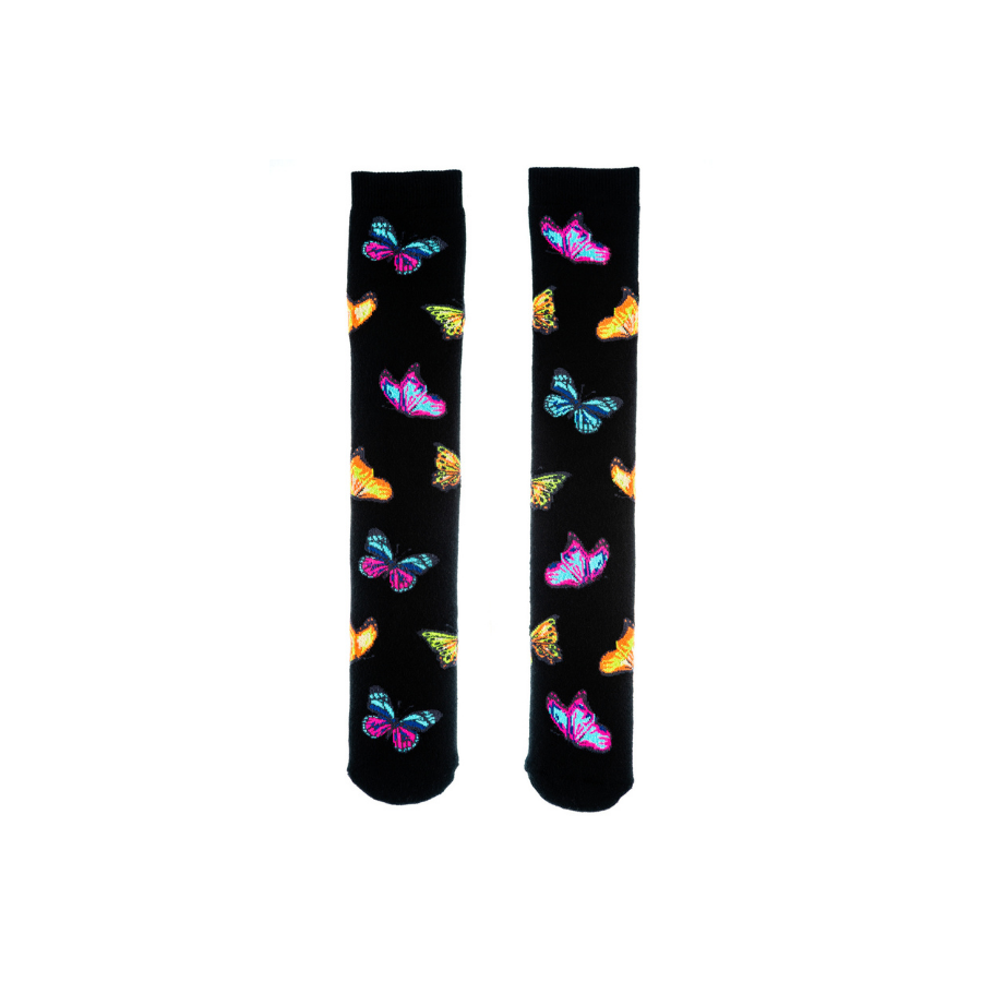 A pair of junior socks by Squelch, style Butterflies, in black multi. Front view.