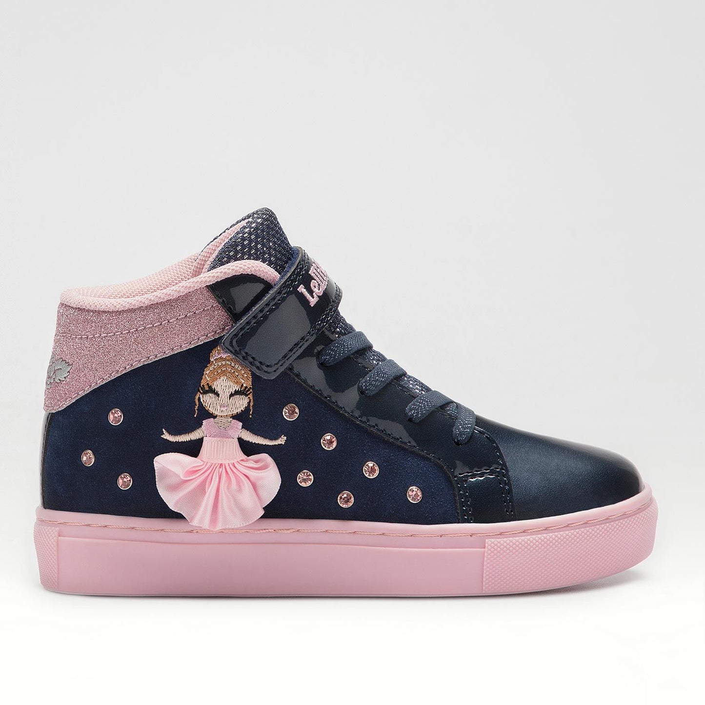 A girls hi top trainer by Lelli Kelly, style Mille Stelle, in navy and pink suede/patent with faux lace and velcro fastening.  Right side view.