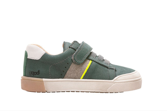 A boys casual trainer by Bopy, style Vaporeto, in Dark Green multi with velcro fastening. Left side view.