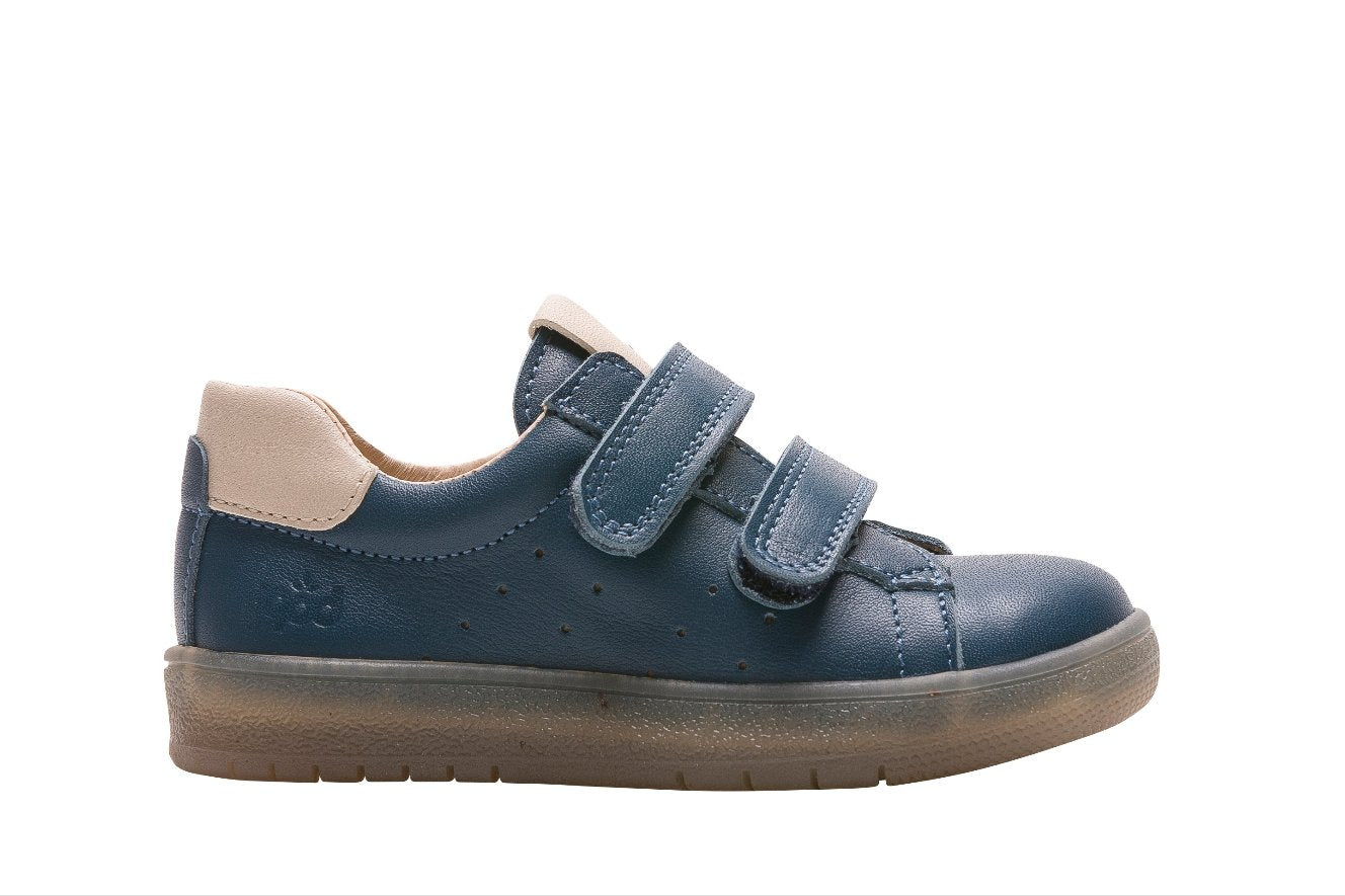 A boys casual trainer by Bopy, style Veleco, in Blue with double velcro fastening. Left side view.