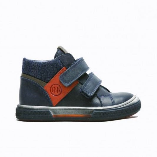 A boys casual ankle boot by Bopy, style Voltvel, in Blue and orange with double velcro fastening. Left side view.