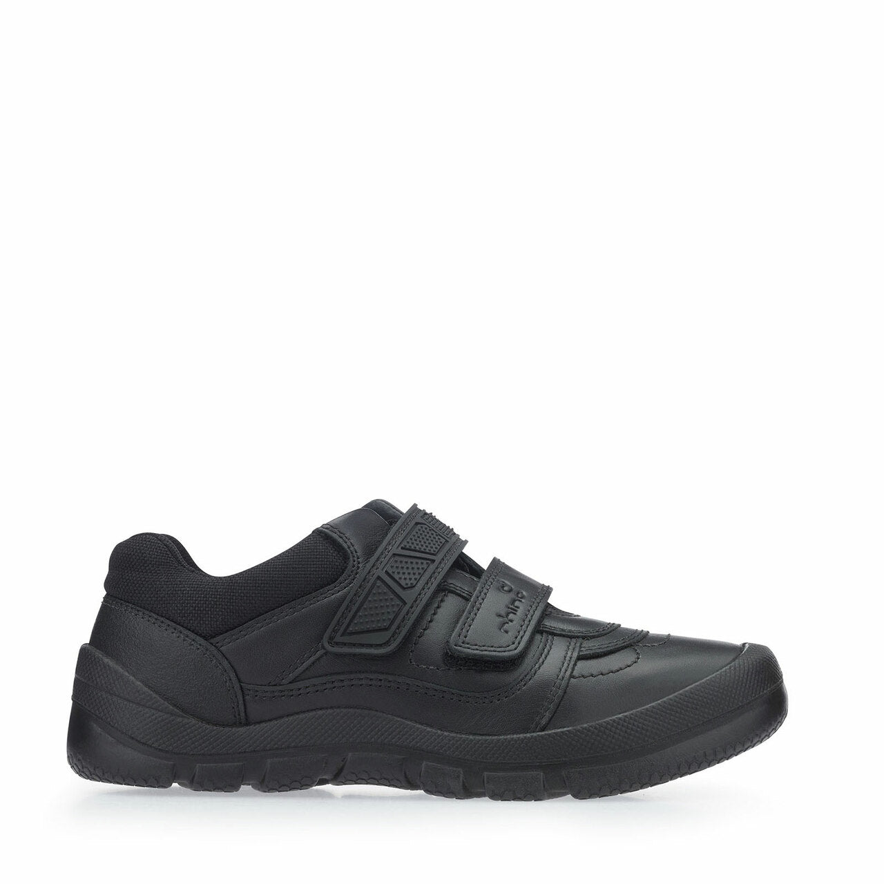 A boys school shoe by Start Rite, style Warrior, in black leather with double velcro fastening. Right side view.