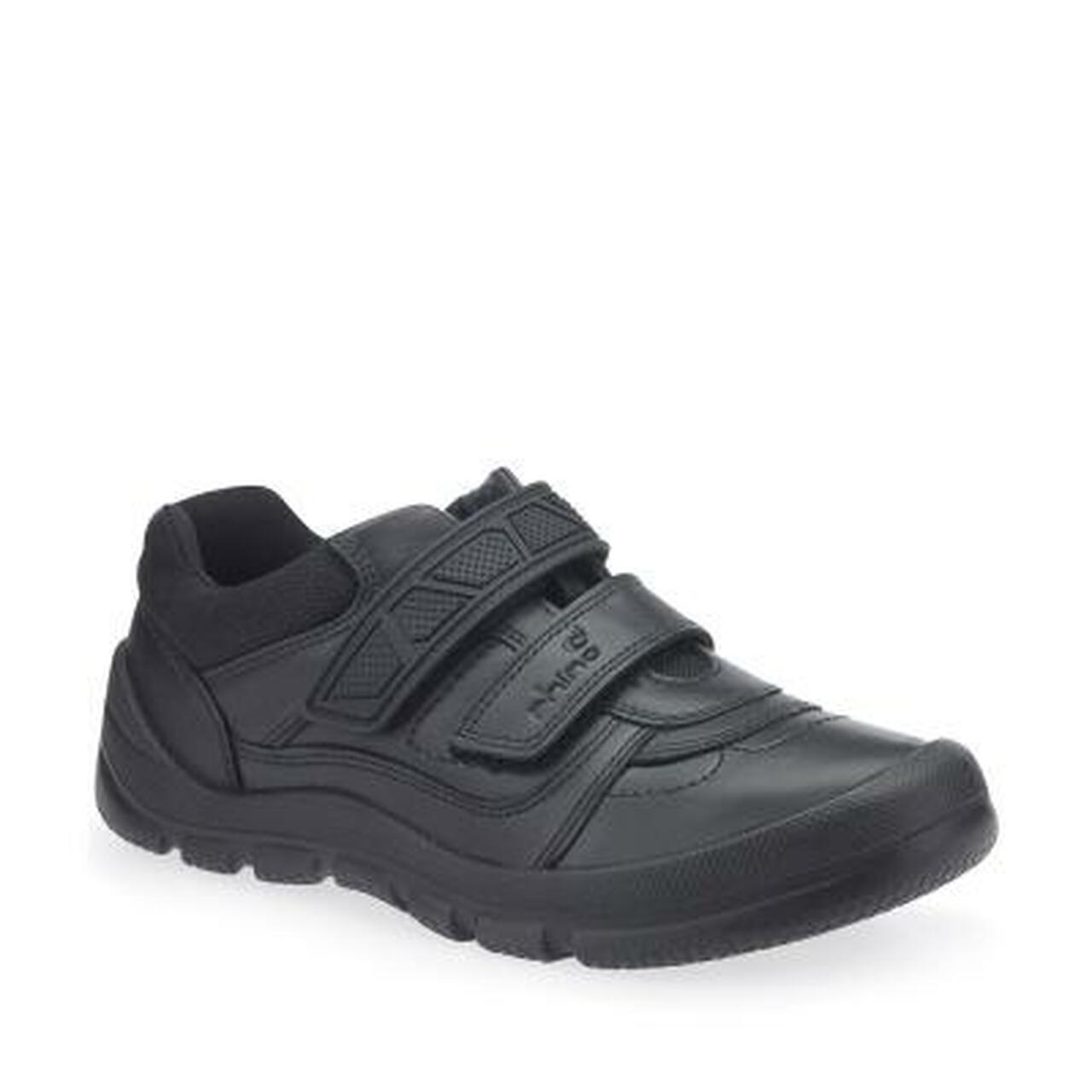 A boys school shoe by Start Rite, style Warrior, in black leather with double velcro fastening. Angled view.