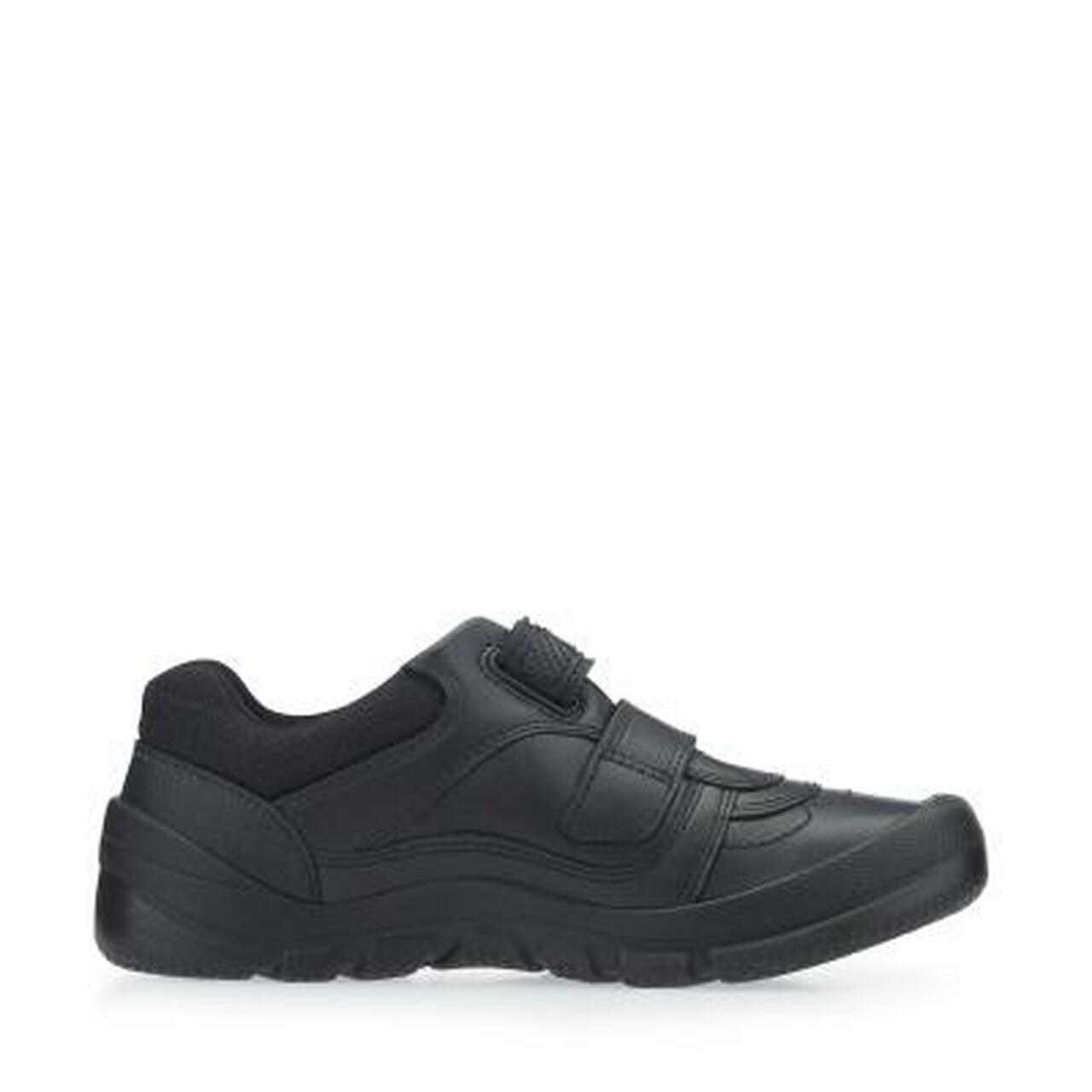 A boys school shoe by Start Rite, style Warrior, in black leather with double velcro fastening. Inner side view.