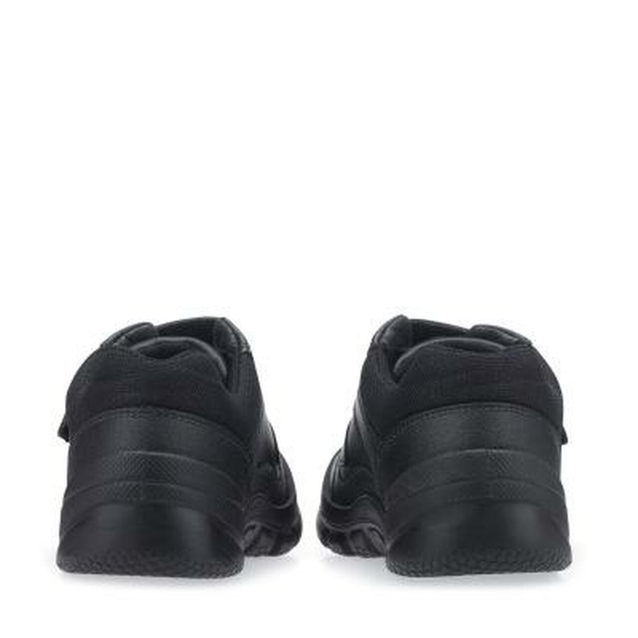A pair of boys school shoes by Start Rite, style Warrior, in black leather with double velcro fastening. Back view.