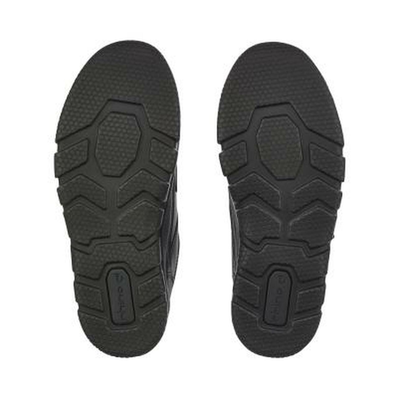 A pair of boys school shoes by Start Rite, style Warrior, in black leather with double velcro fastening. Sole view.