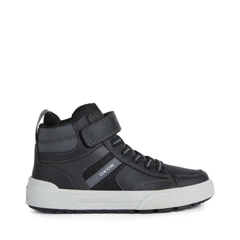 A boys Hi-top by Geox , style J Weemble Boy, in black and grey , velcro fastening with elastic laces. Right side view.