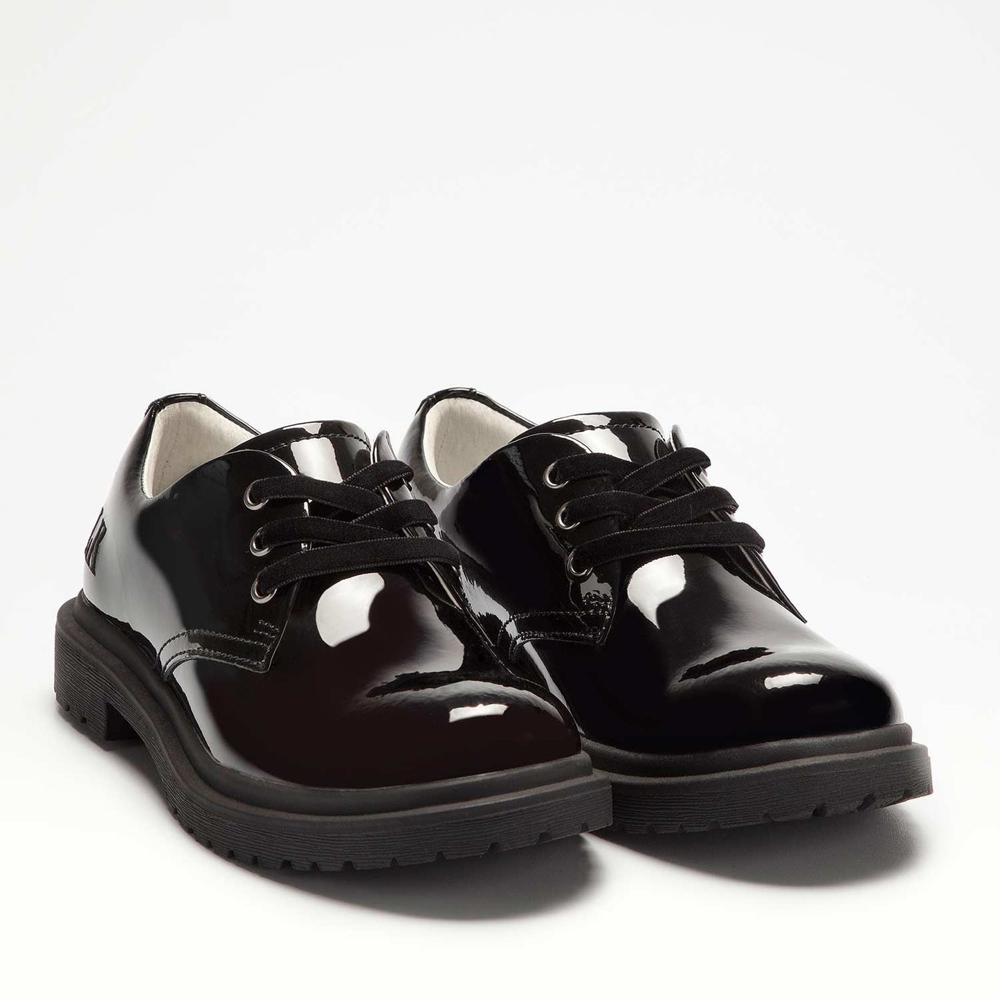 A pair of girls school shoe by Lelli Kelly, style Elaine, in black patent with lace fastening. Right side view.