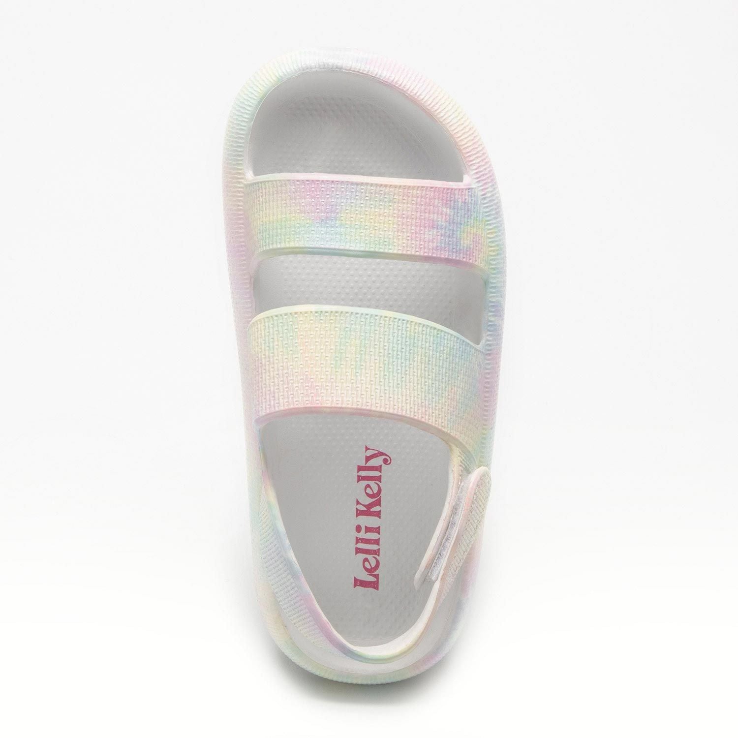 A girls chunky slip on open toe EVA sandal by Lelli Kelly, style LK3638 Kaya, in white pastel multi.  Top view.