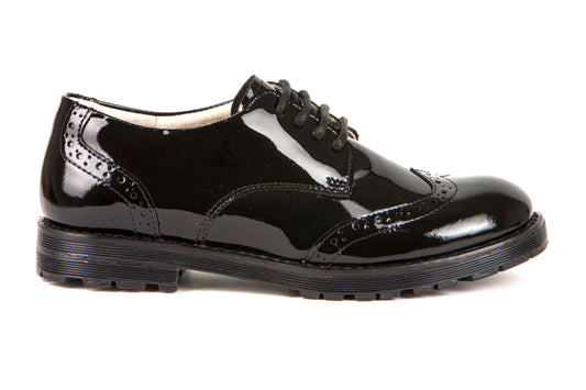 A girls school shoe by Froddo, style Charlie, in black patent with lace up fastening. Right side view.