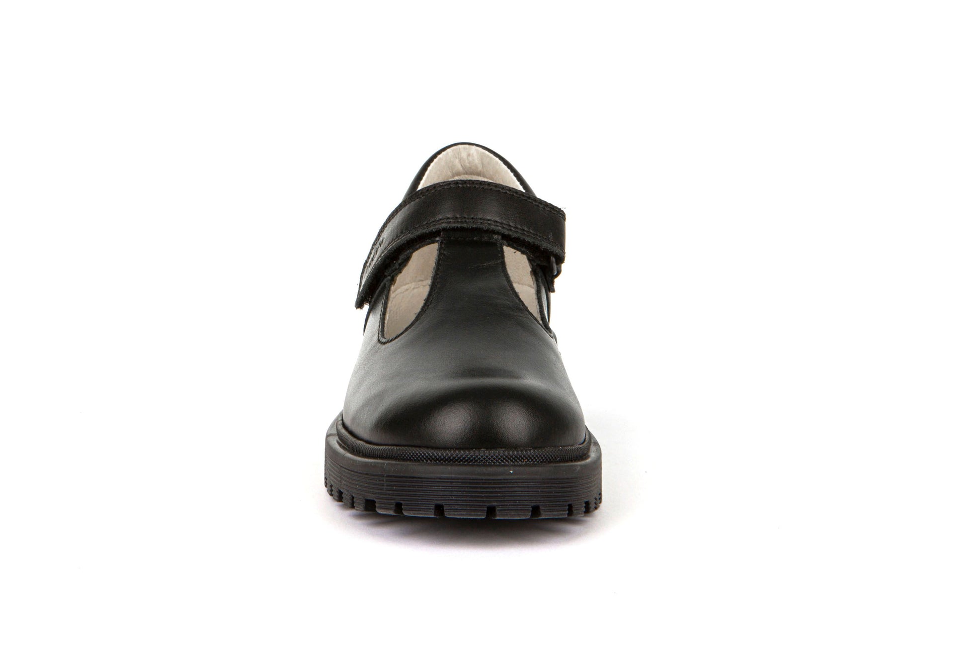 A girls T Bar school shoe by Froddo, style Lea T, in black leather with velcro fastening. Front view.
