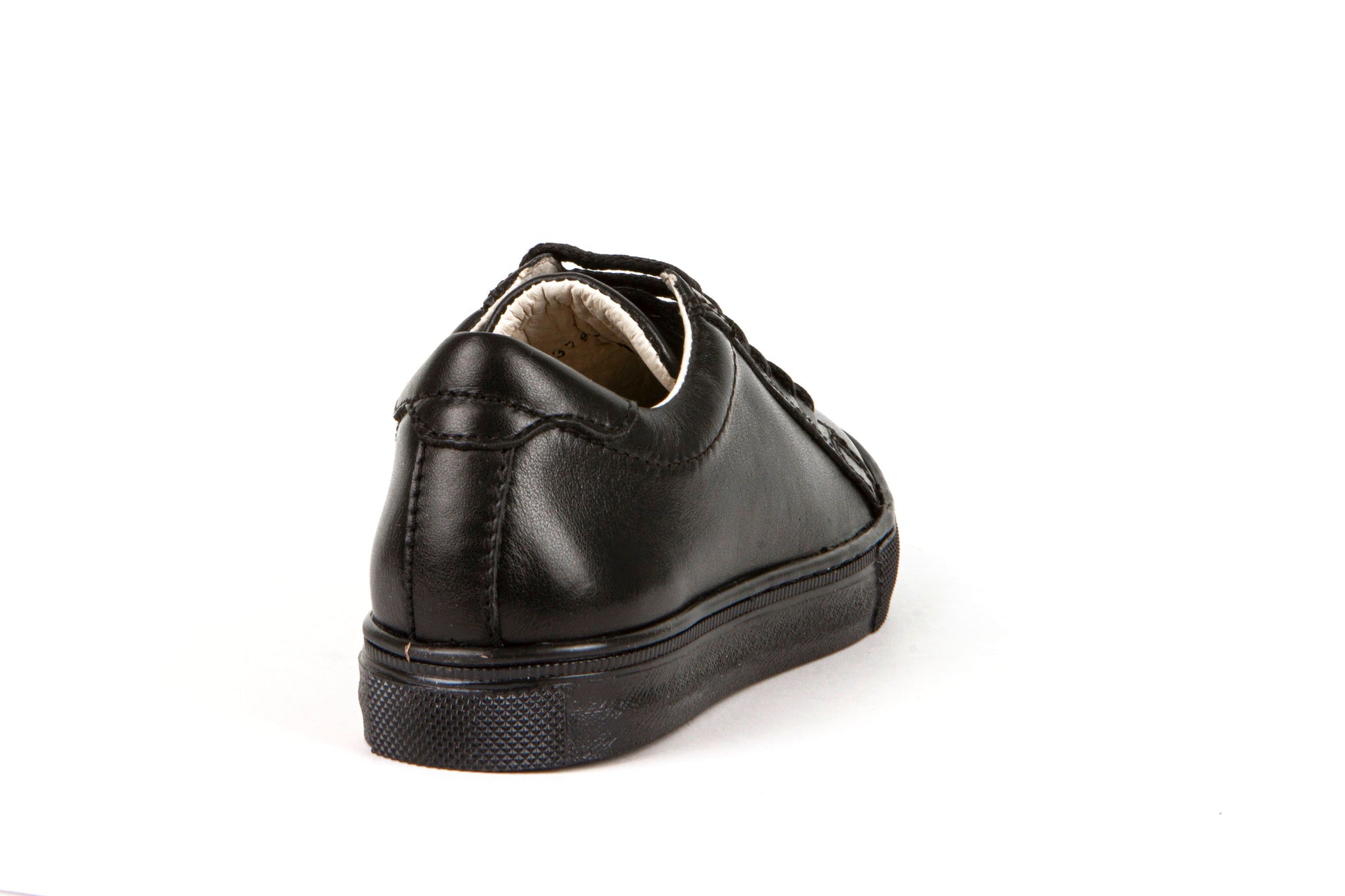 A boys school shoe by Froddo, style Morgan L, in black with lace up fastening. Back view.