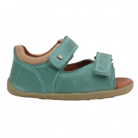 A boys open toe sandal by Bobux ,style Driftwood, in blue with velcro fastening. Right side view.