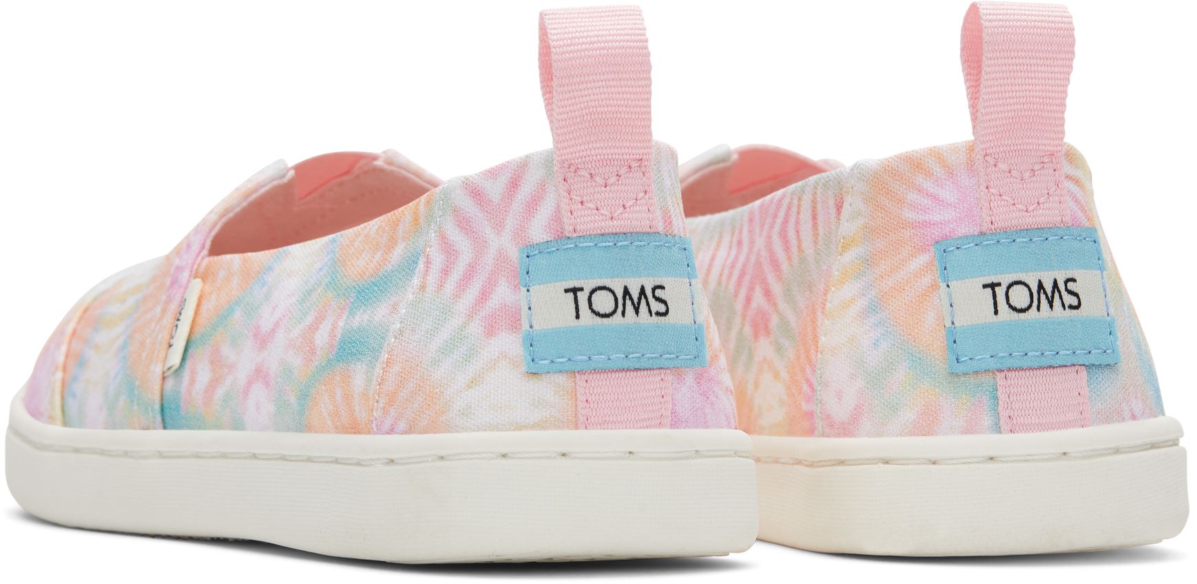 A girls canvas shoe by TOMS, style Alpargata, a slip on in Candy Pink Tie Dye. Rear view of a pair.