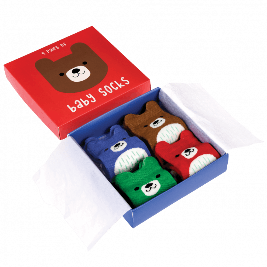 4 pairs of baby socks in a red bear design box by Rex London, style Bear, in blue, green ,brown, and red bear design. Angled view.