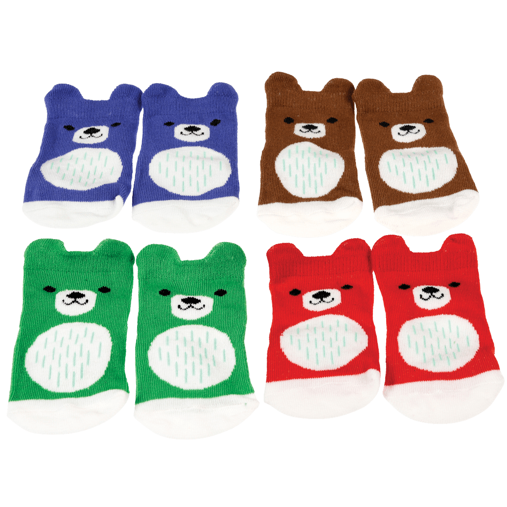 4 pairs of baby socks by Rex London, style Bear, in blue, green ,brown, and red bear design. Socks shown in pairs. Front view