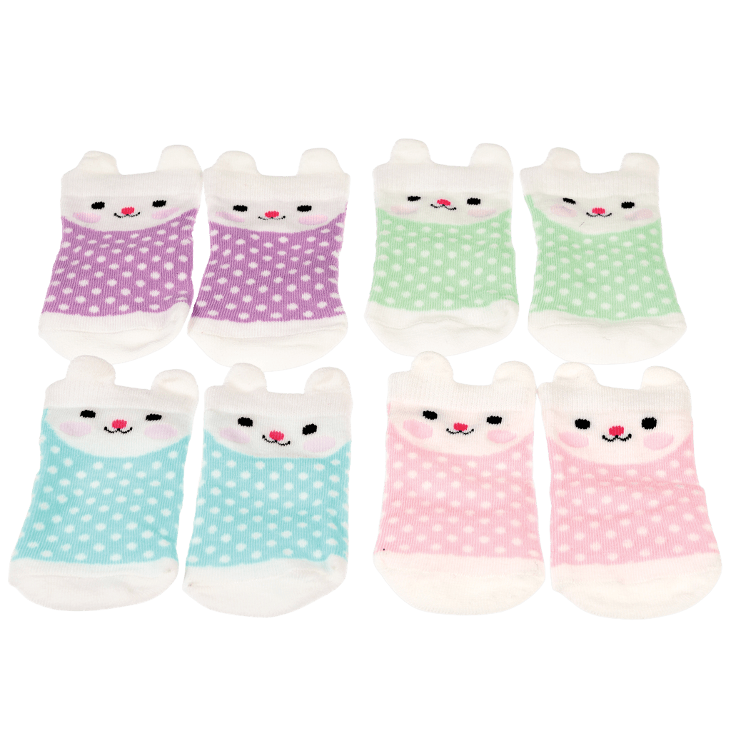 4 pairs of baby socks by Rex London, style Bonnie the Bunny, in blue, green ,lilac, and pink spot bunny design. Front view.