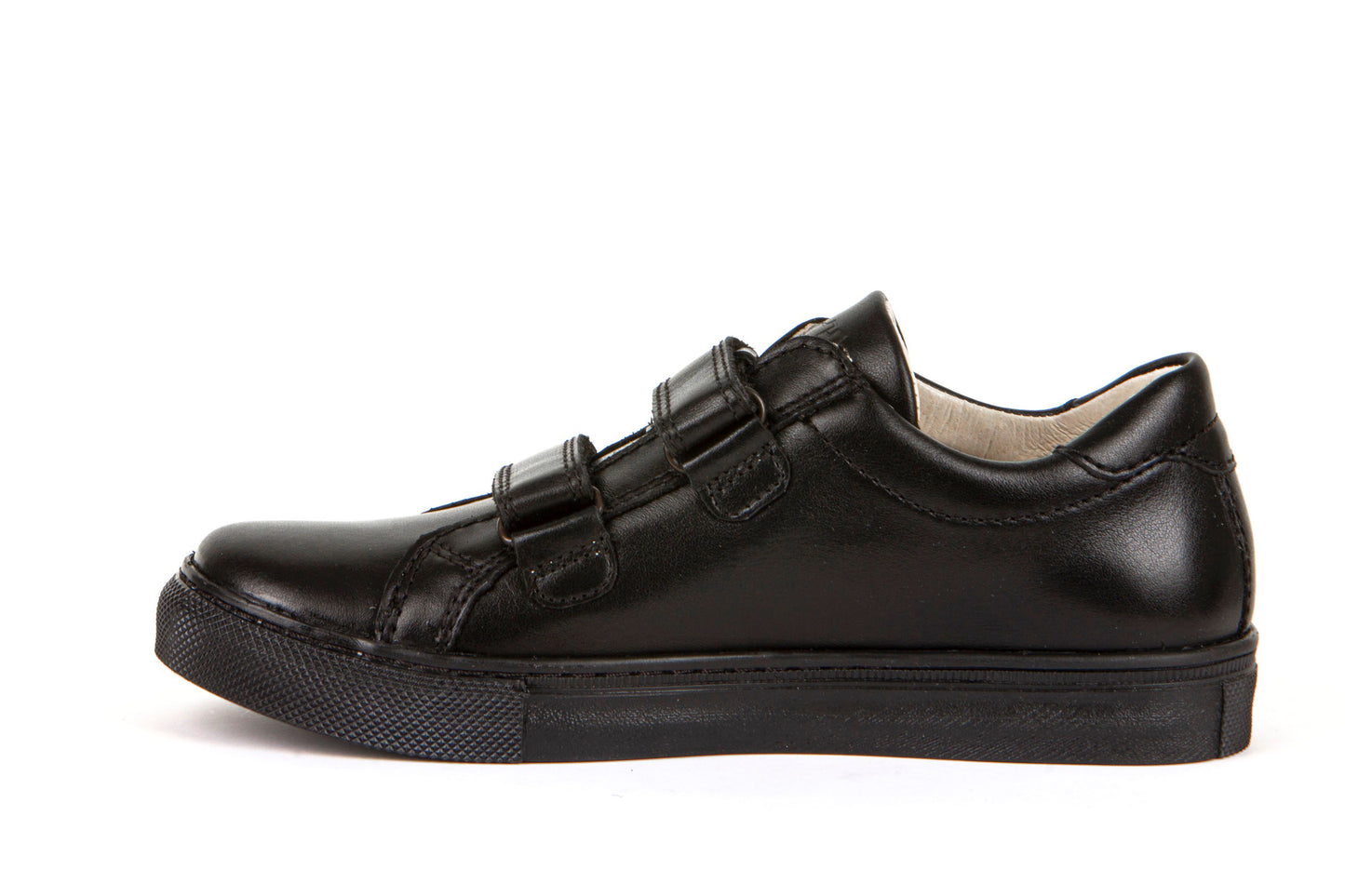 A boys school shoe by Froddo, style Morgan D in black with double velcro fastening. Inner side view.