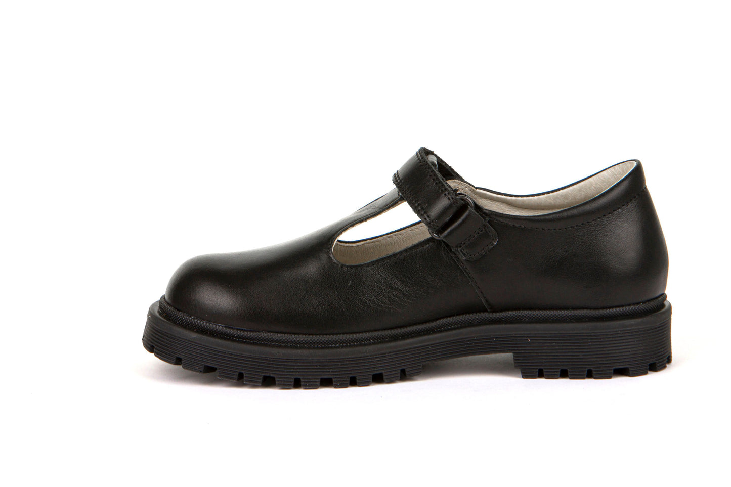 A girls T Bar school shoe by Froddo, style Lea T, in black leather with velcro fastening. Inner side view.