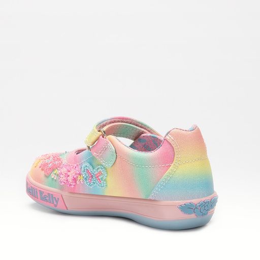 A girls Mary Jane shoe by Lelli Kelly, style LK3470 Myla, in pink multi embellished canvas with velcro fastening. Angled view.