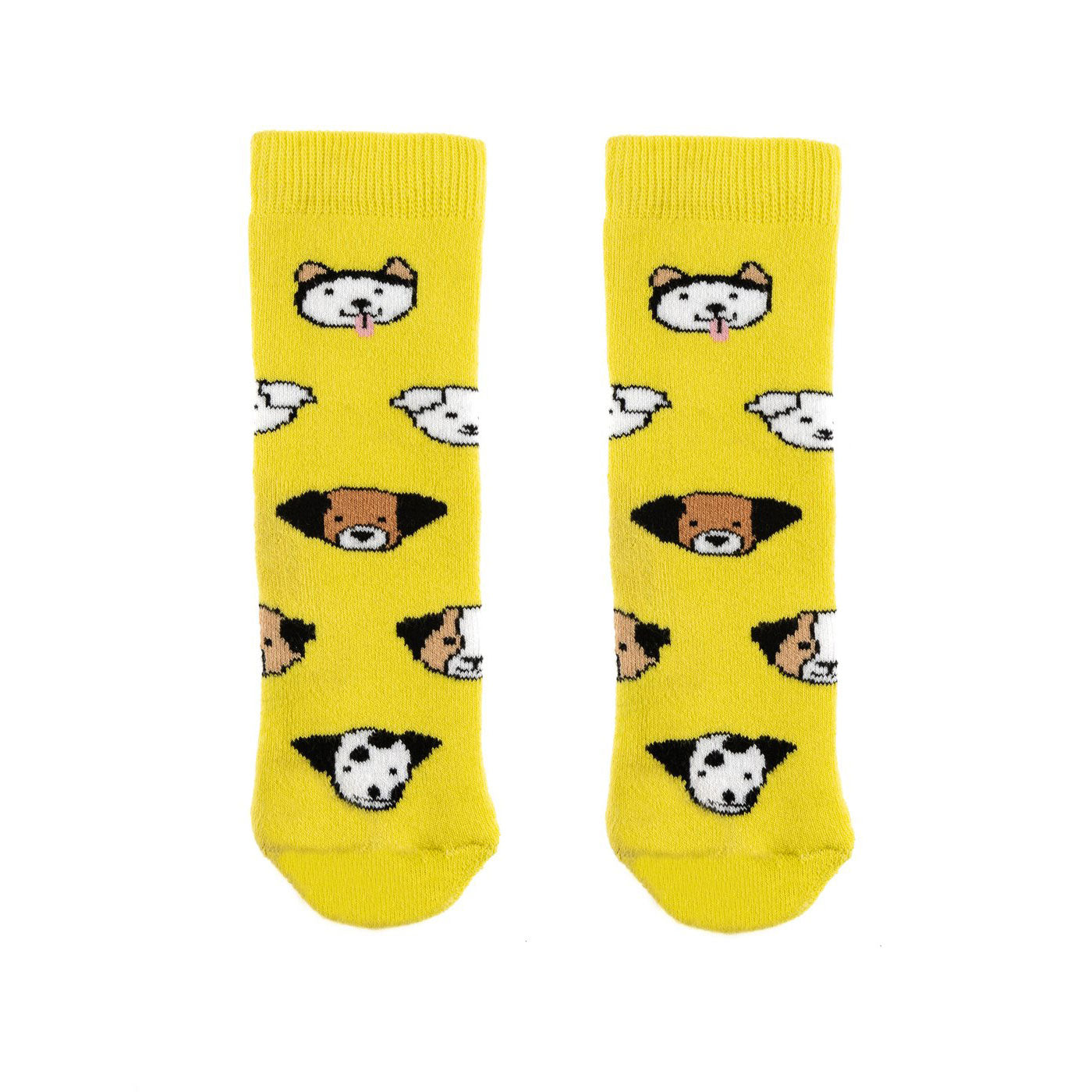 A pair of mini socks by Squelch, style Dogs, in yellow multi. Front view