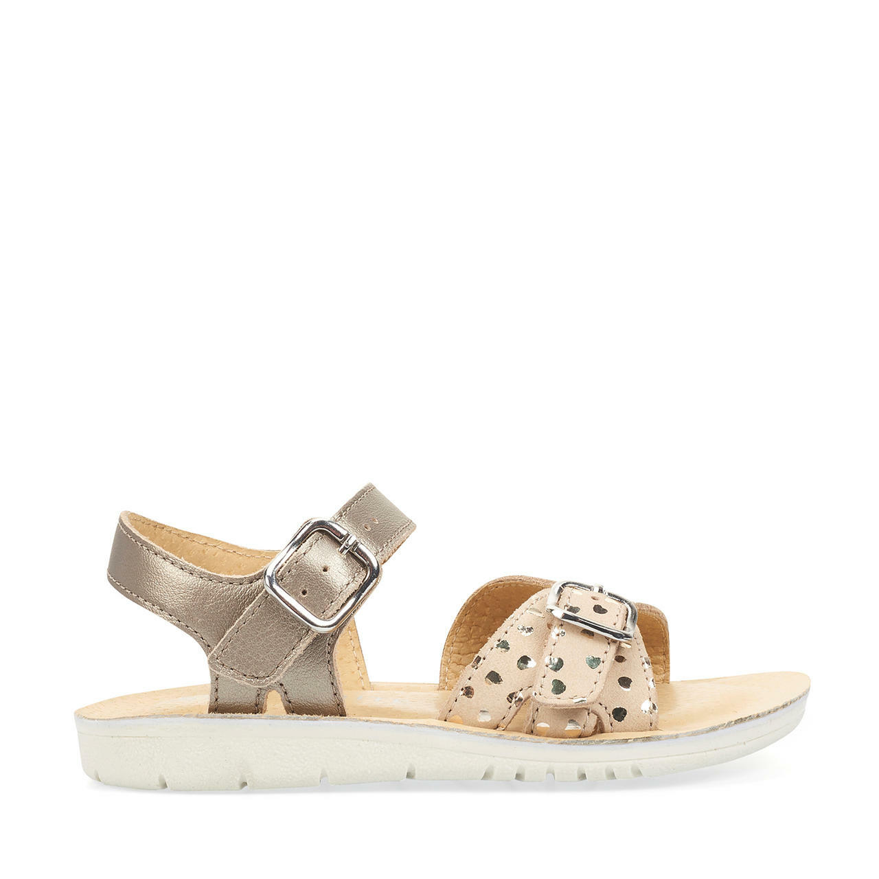 A girls sandal by Start Rite ,style Enchant, in gold leather with buckle fastening. Right side view.