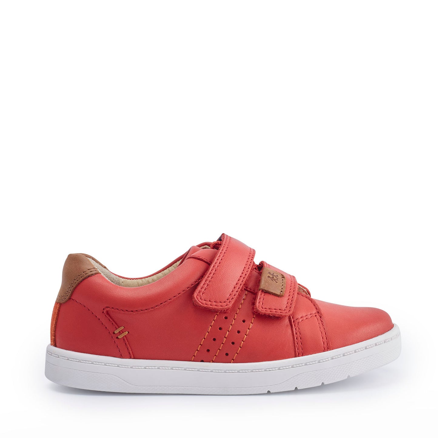 A boys casual shoe by Start Rite, style Explore, in red leather with double velcro fastening. Right side view.