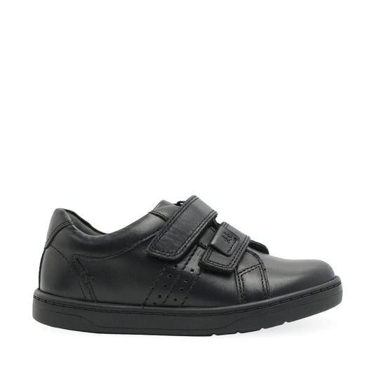 A boys casual school shoe by Start Rite, style Explore, in black leather with double velcro fastening. Right side view.