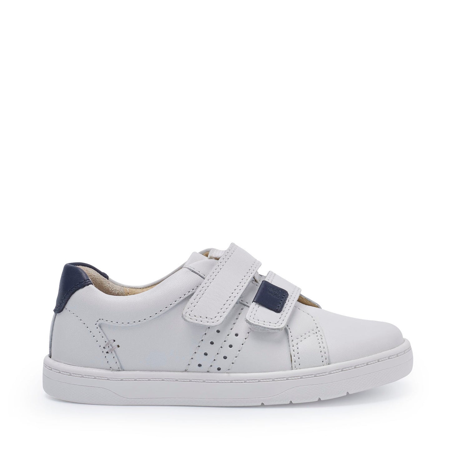 A boys casual shoe by Start Rite, style Explore, in white and navy leather with double velcro fastening. Right side view.
