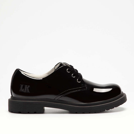 A girls school shoe by Lelli Kelly, style Elaine, in black patent with lace fastening. Right side view.