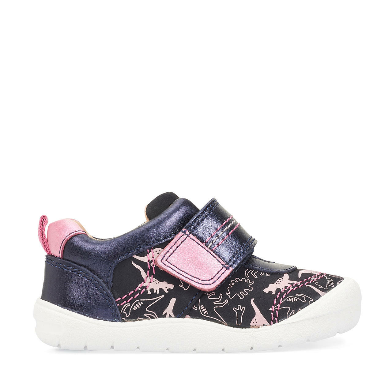A girls casual shoe by Start Rite, style Footprint, in navy and pink nubuck and leather with velcro fastening. Right side view.