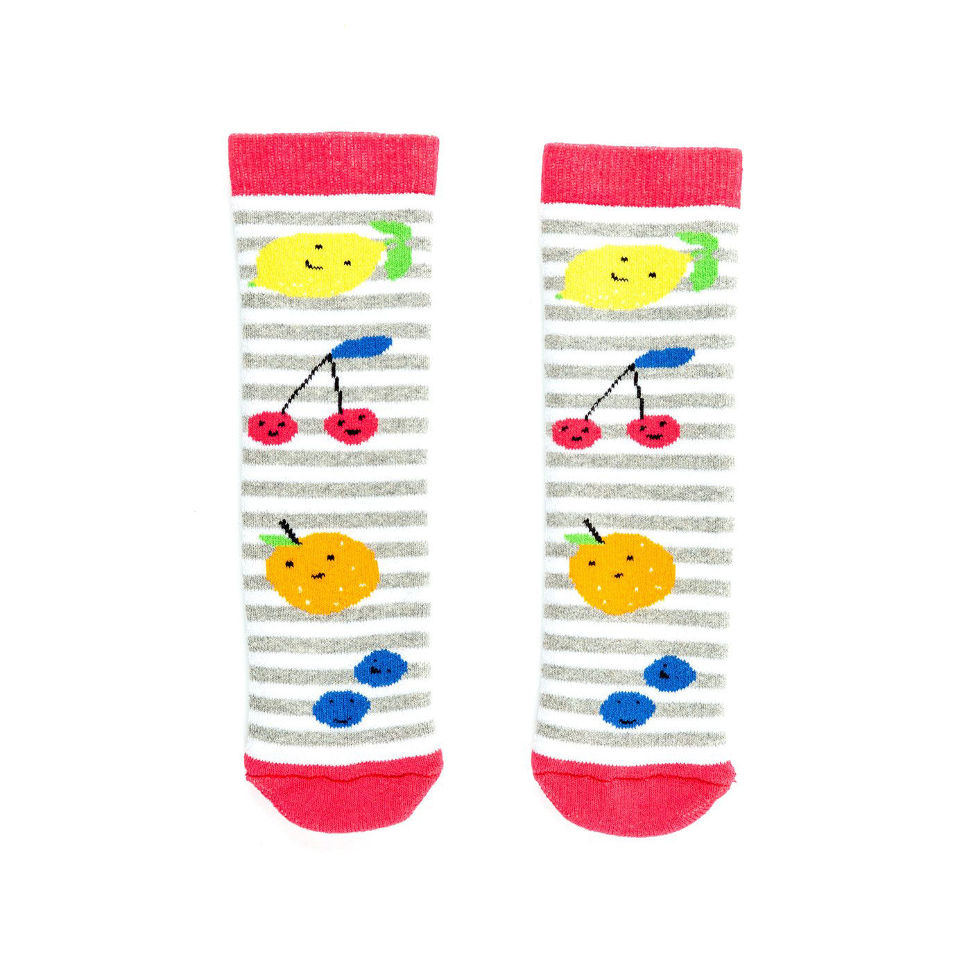 A pair of mini socks by Squelch, style Fruit, in multi. Front view