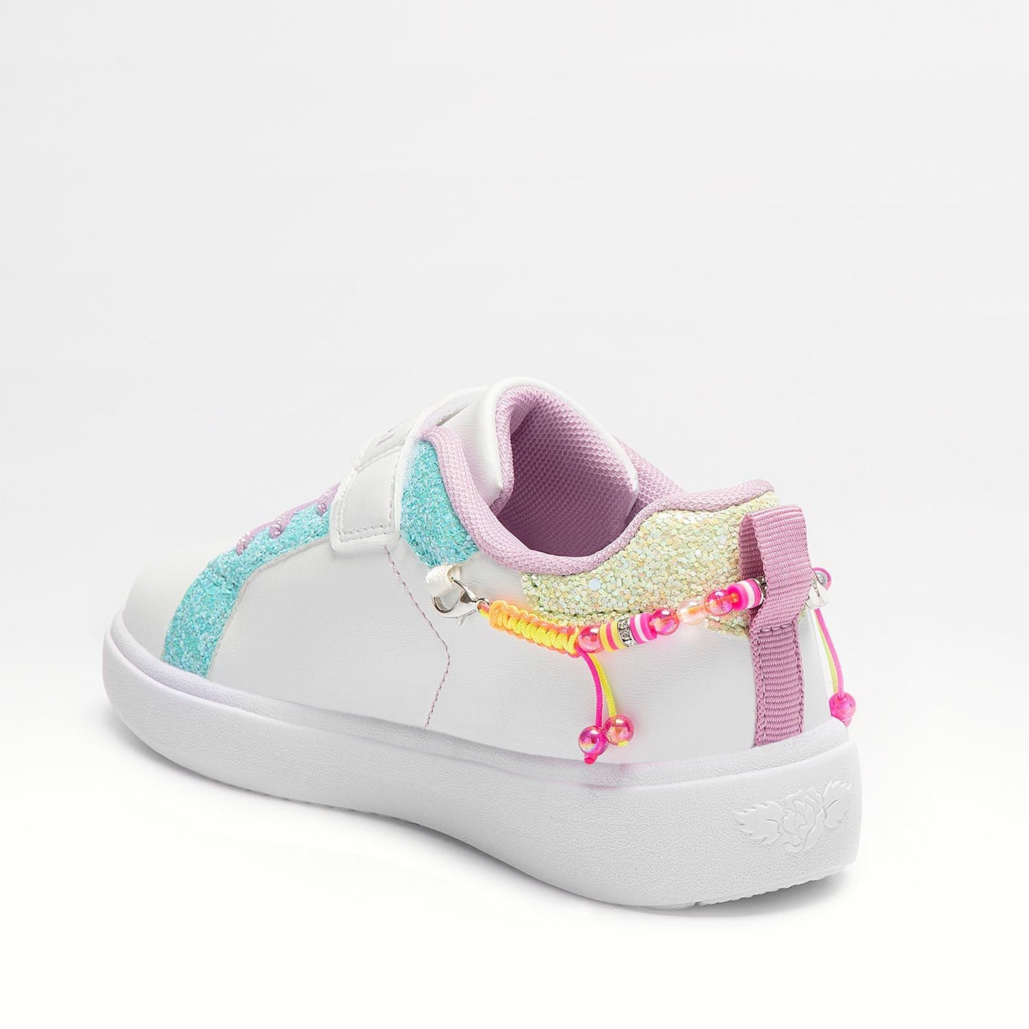 A casual girls shoe by Lelli Kelly, style LK3410 Gioiello in white multi leather with Velcro fastening. Angled view.
