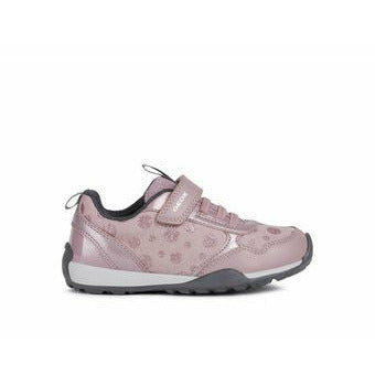 A girls casual trainer by Geox, style Jocker, in pink with velcro fastening. Right side view.