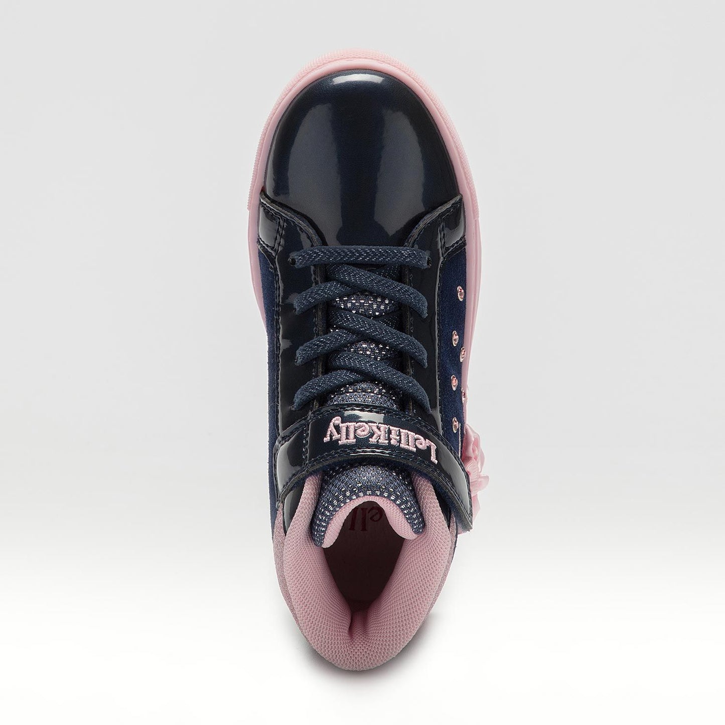 A girls hi top trainer by Lelli Kelly, style Mille Stelle, in navy and pink suede/patent with faux lace and velcro fastening. Above view.