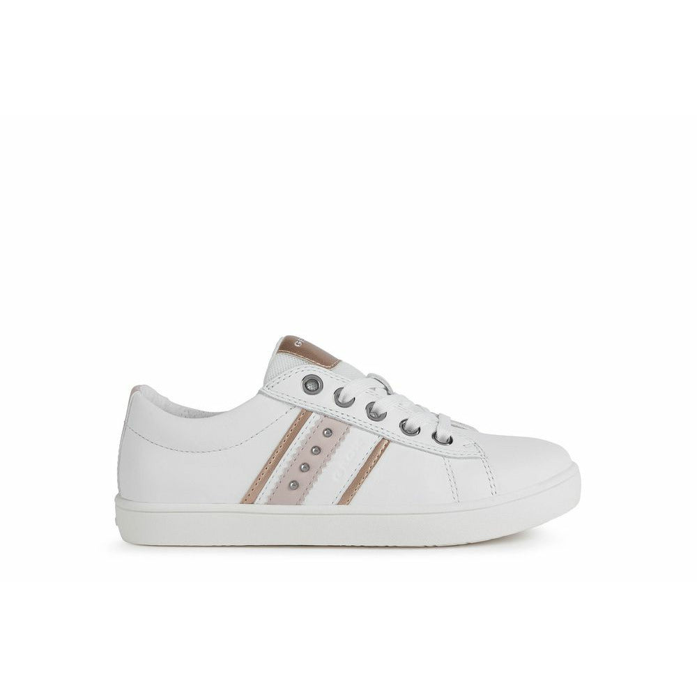 A girls casual trainer by Geox, style Kathe, in white and pink with lace fastening. Right side view.