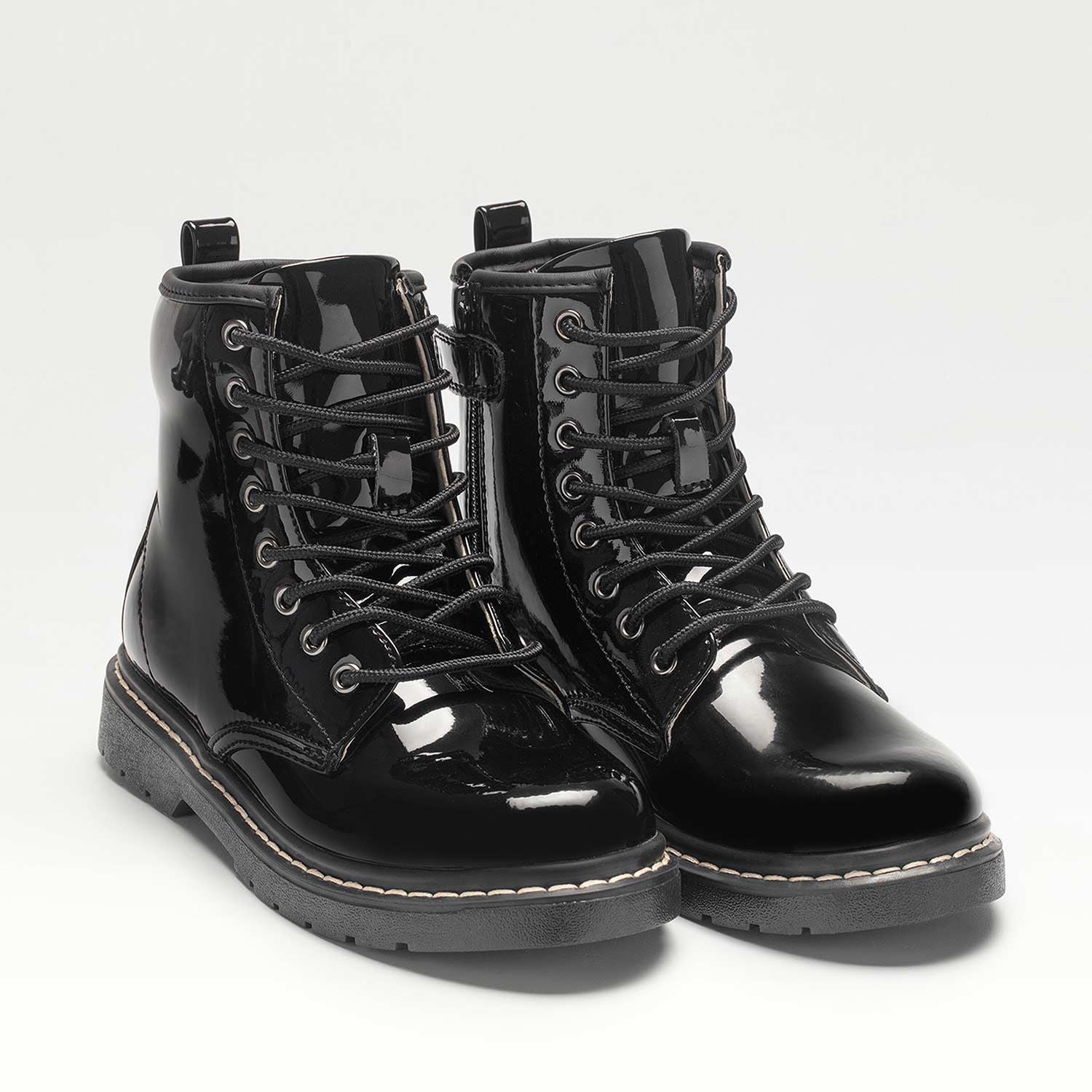 A pair of girls school boots by Lelli Kelly, style Sofia, in black patent with lace and zip fastening. Right side view.