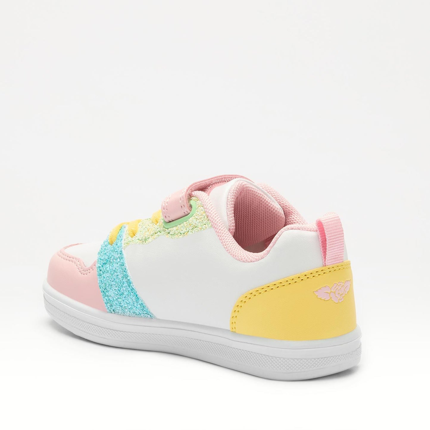 A girls casual shoe by Lelli Kelly, style LK360 Daisy in white glitter multi leather with lace and velcro fastening. Angled view.