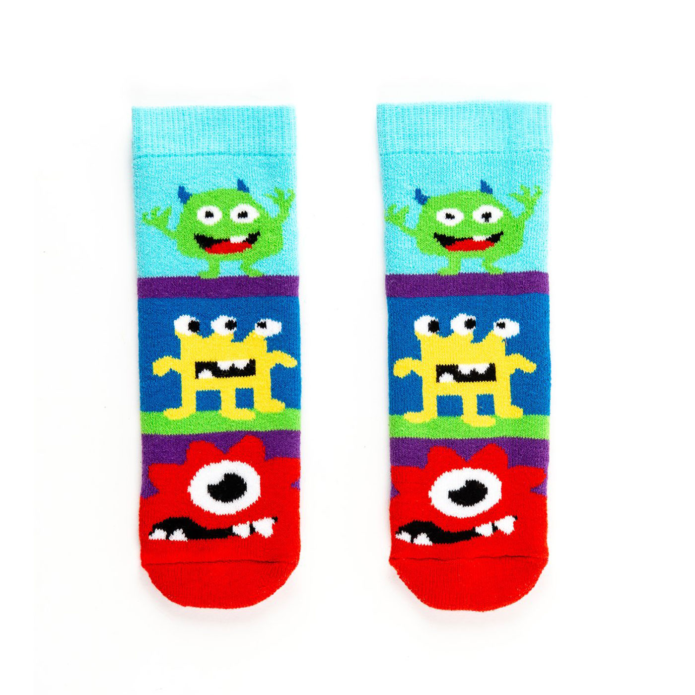 A pair of tots socks by Squelch, style Monsters, in blue and red multi. Front view.
