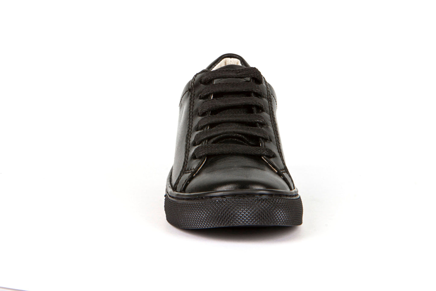A boys school shoe by Froddo, style Morgan L, in black with lace up fastening. Front view.