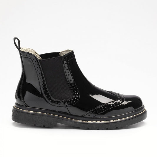 A girls Chelsea boot by Lelli Kelly, style Noelle, in black patent. Right side view.