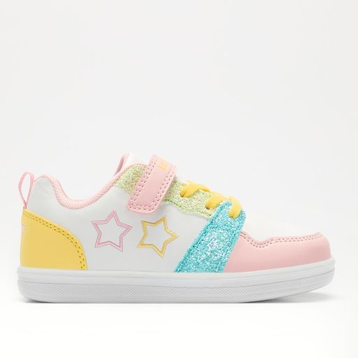 A girls casual shoe by Lelli Kelly, style LK360 Daisy in white glitter multi leather with lace and velcro fastening. Right side view.