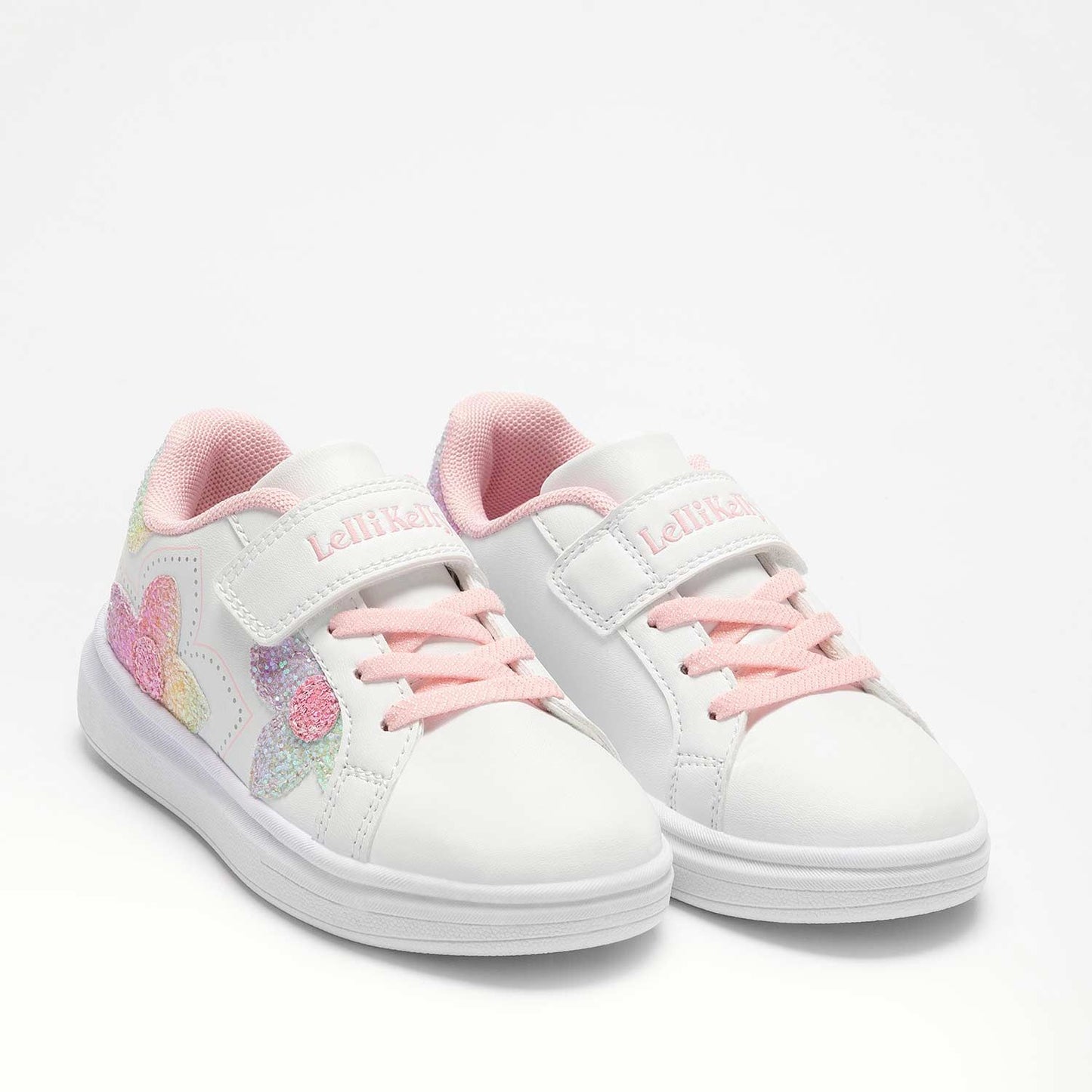 A pair of girls casual trainers by Lelli Kelly, style Anita, in white multi with velcro fastening. Right side view.