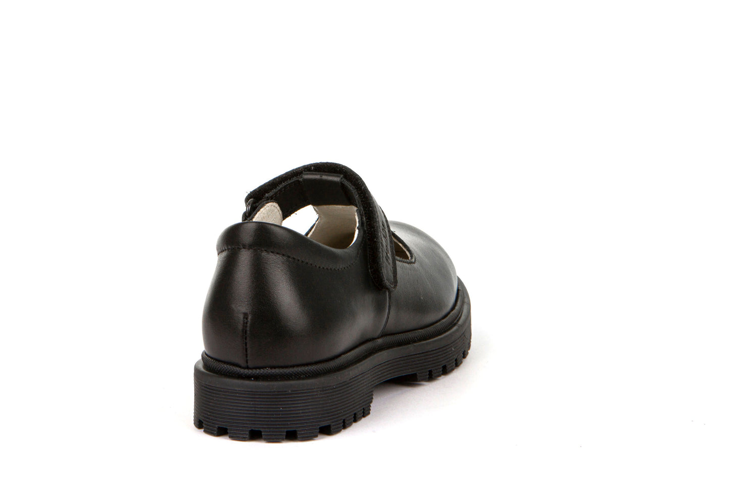 A girls T Bar school shoe by Froddo, style Lea T, in black leather with velcro fastening. Back view.
